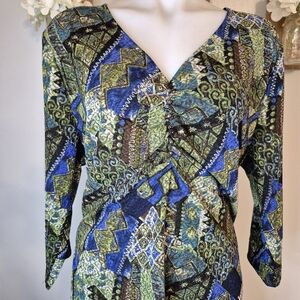 Sag Harbor Geometric Patterned Studded V-Neck Blouse